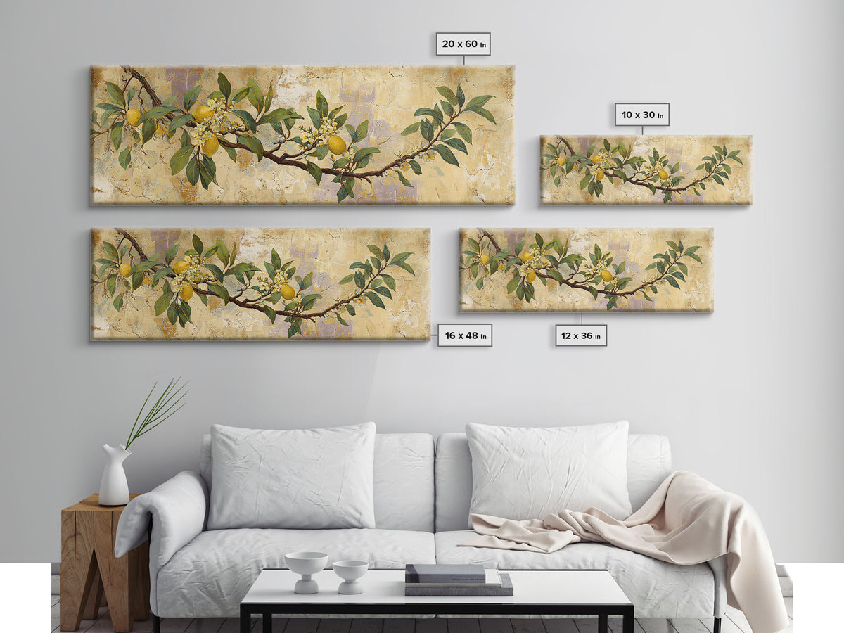 Sicilian Lemon Branch on Ivory Background Canvas Print, Mediterranean Art, Modern Wall Art, Living Room Decor, Azure, MAR-3x1-77
