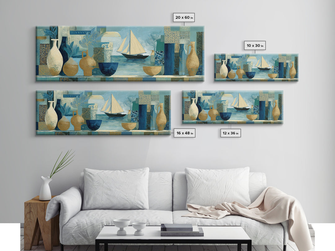 Mediterranean Sailboat on Glassy Water Framed Canvas Print, Mediterranean Art, Printable Art, Living Room Decor, Azure, MAR-3x1-82