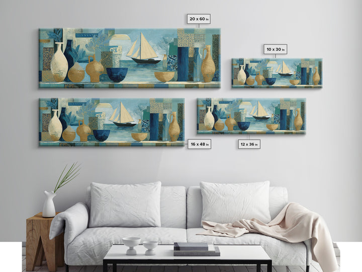 Mediterranean Sailboat on Glassy Water Framed Canvas Print, Mediterranean Art, Printable Art, Living Room Decor, Azure, MAR-3x1-82