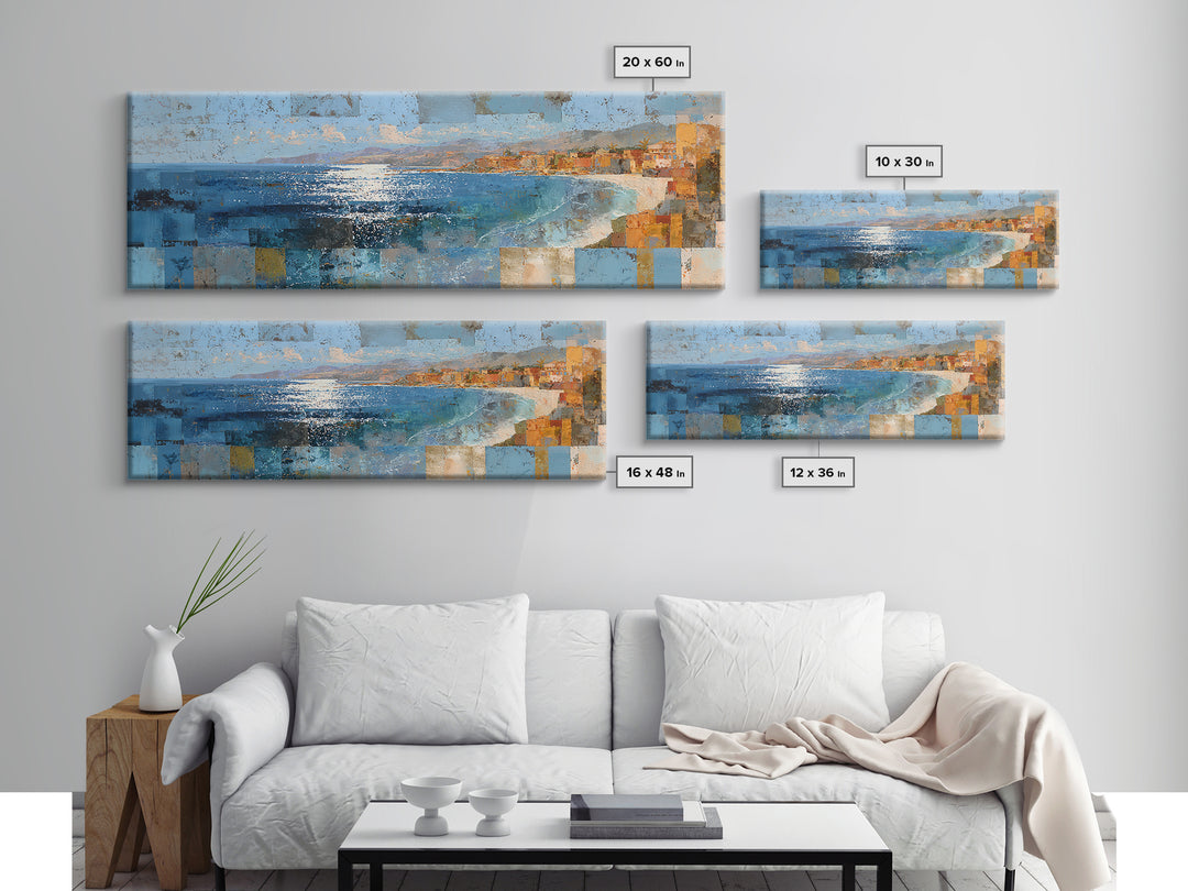 Coastal Cliffs with Sparkling Blue Water Framed Canvas Print, Mediterranean Art, Printable Wall Art, Living Room Decor, Azure, MAR-3x1-84