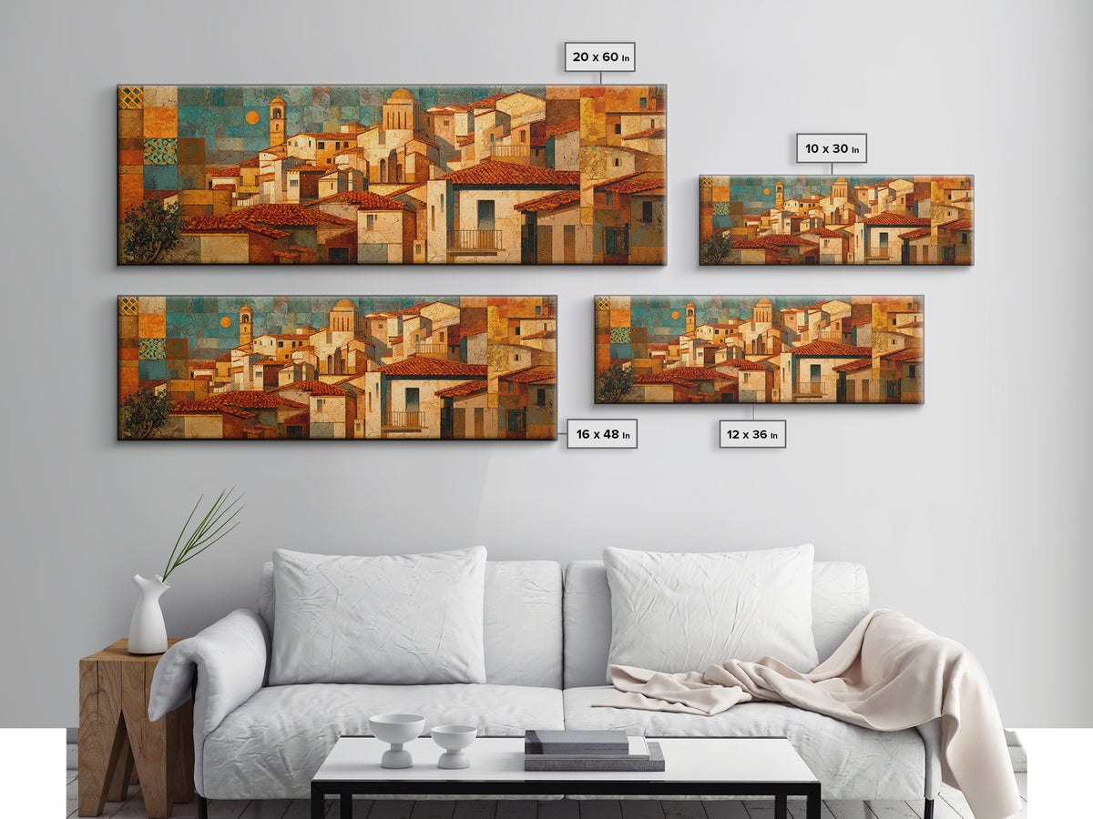 Sunset over Red Tiled Rooftops Framed Canvas Print, Mediterranean Art, Oil Painting, Living Room Decor, Fine Art, Azure, MAR-3x1-87