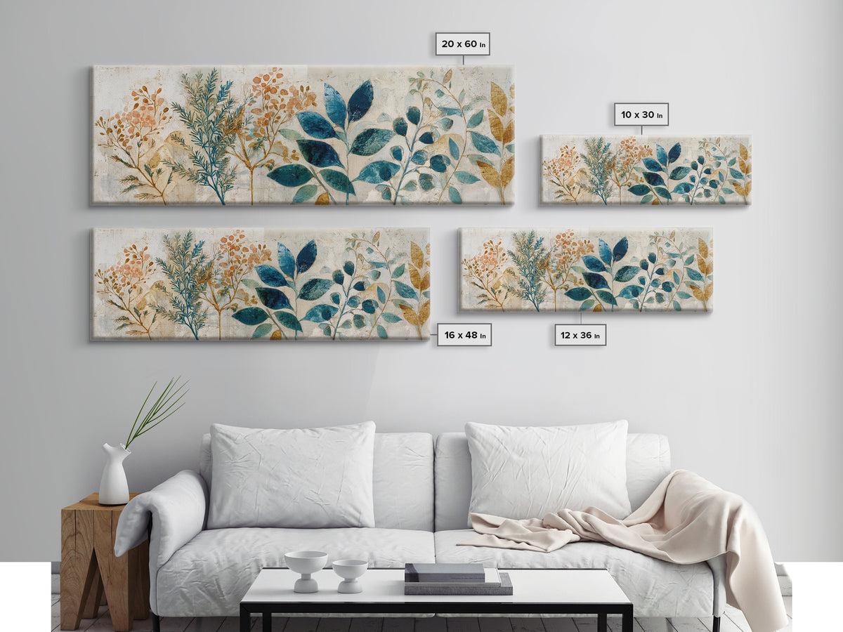 Wild Herbs Rosemary and Thyme Botanical Study Canvas Print, Mediterranean Art, Textured Painting, Living Room Decor, Azure, MAR-3x1-88