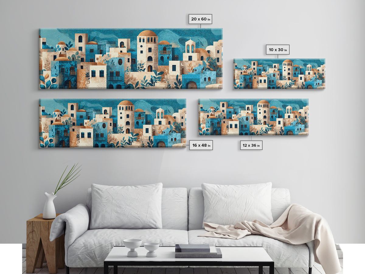 Greek Island White Buildings Above Blue Sea Canvas Print, Mediterranean Art, Landscape Painting, Living Room Decor, Azure, MAR-3x1-89