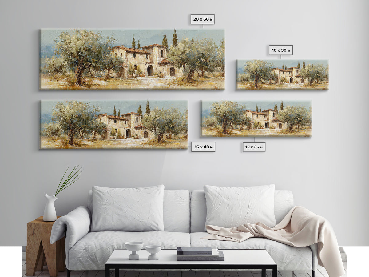 Olive Grove under Pale Morning Light Framed Canvas Print, Mediterranean Art, Oil Painting, Living Room Decor, Fine Art, Azure, MAR-3x1-9