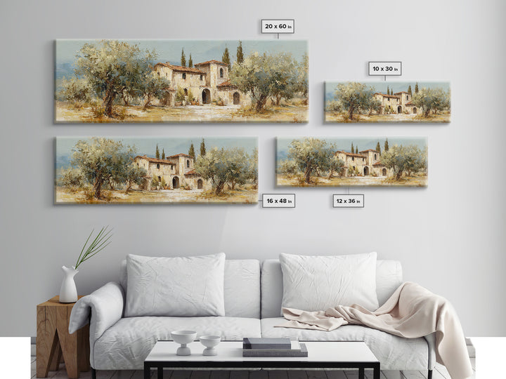 Olive Grove under Pale Morning Light Framed Canvas Print, Mediterranean Art, Oil Painting, Living Room Decor, Fine Art, Azure, MAR-3x1-9