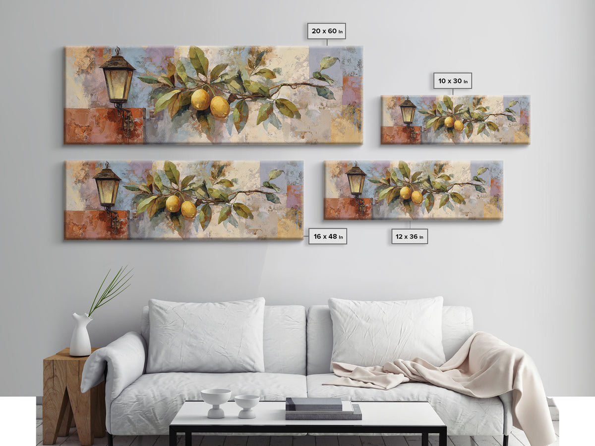 Olive Branch and Lemons on Terracotta Ground Framed Canvas Print, Mediterranean Art, Nautical Decor, Living Room Decor, Azure, MAR-3x1-90