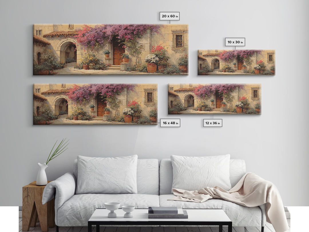 Bougainvillea Cascading over Stone Wall Canvas Print, Mediterranean Art, Coastal Art, Living Room Decor, Fine Art, Azure, MAR-3x1-93