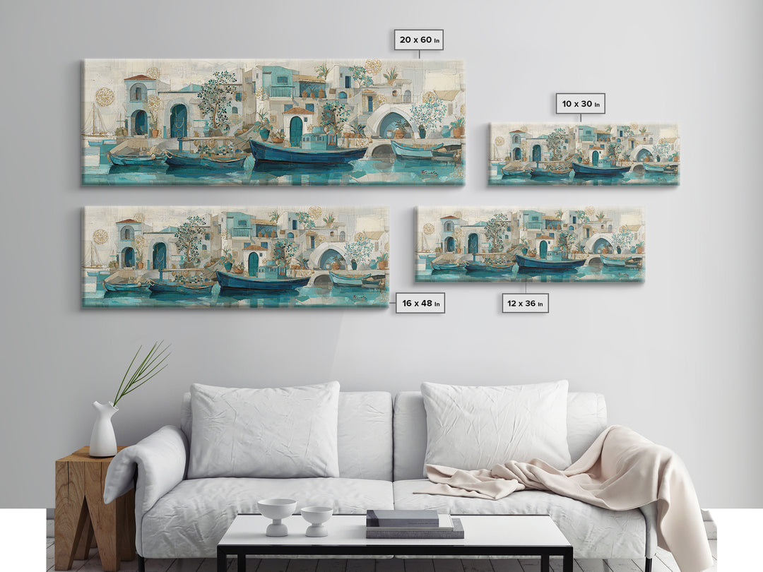Coastal Fishing Boats Canvas Print, Mediterranean Art, Gallery Decor, Living Room Decor, Oil Painting, Azure, Minimalist Decor, MAR-3x1-95