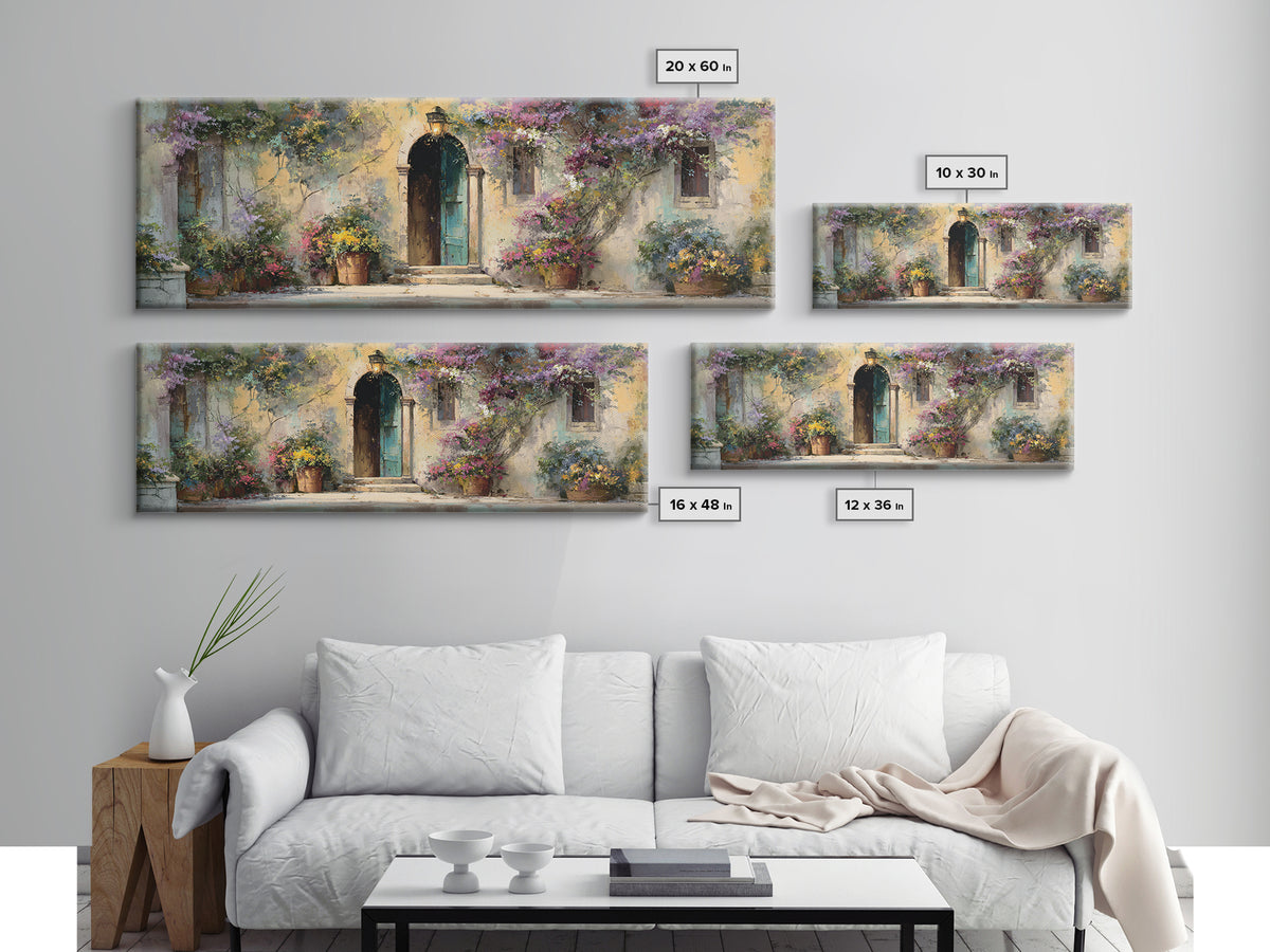 Sunlit Courtyard Doorway Framed Canvas Print, Mediterranean Art, Wall Decor, Living Room Decor, Oil Painting, Azure, MAR-3x1-99