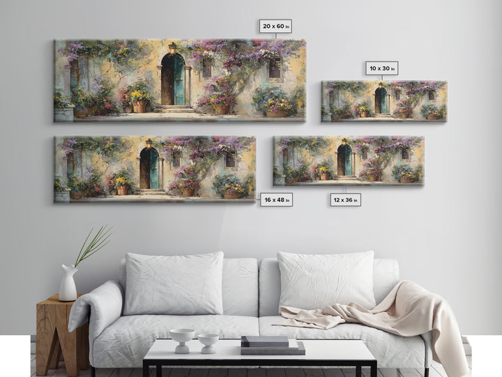 Sunlit Courtyard Doorway Framed Canvas Print, Mediterranean Art, Wall Decor, Living Room Decor, Oil Painting, Azure, MAR-3x1-99
