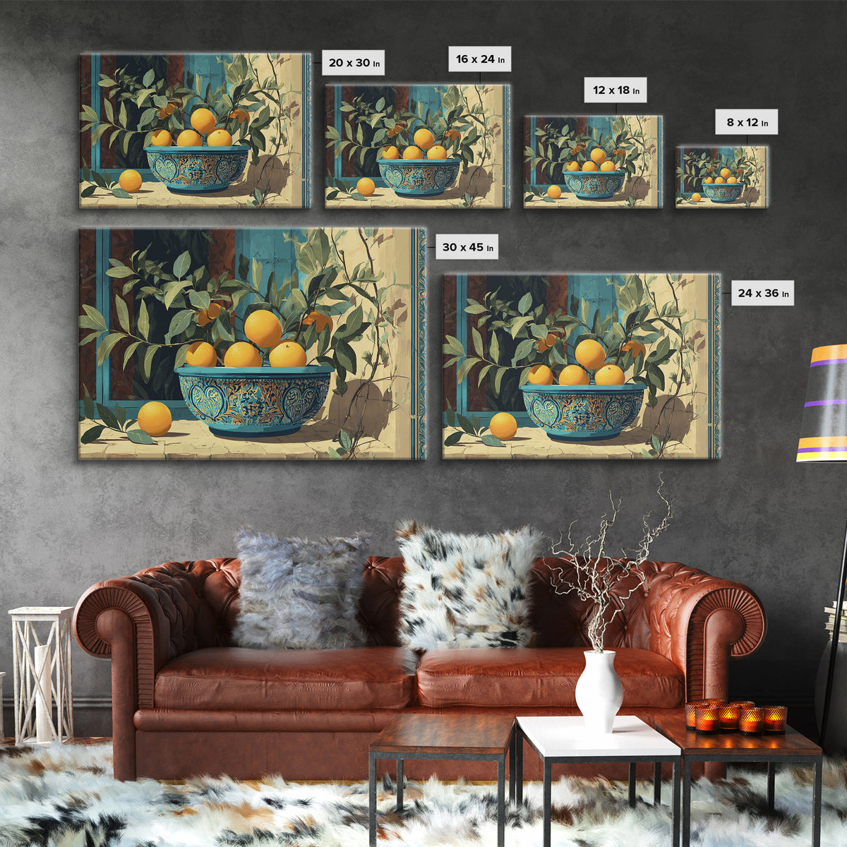 Ceramic Bowl of Oranges and Leaves Canvas Print, Mediterranean Art, Large Wall Art, Living Room Decor, Fine Art, Azure, MAR-3x2-1