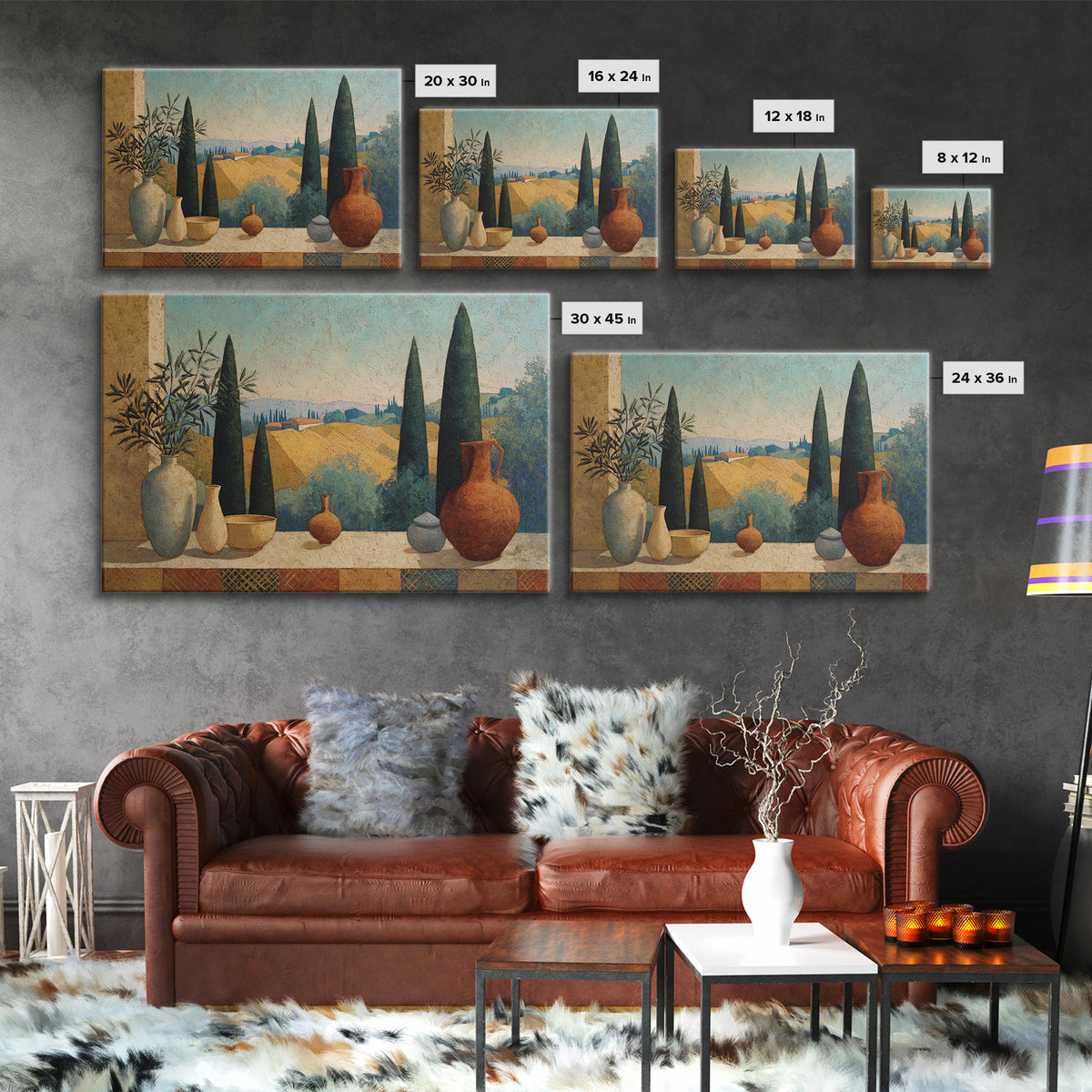 Tuscan Cypress Trees and Golden Hillside Framed Canvas Print, Mediterranean Art, Framed Wall Art, Living Room Decor, Azure, MAR-3x2-10