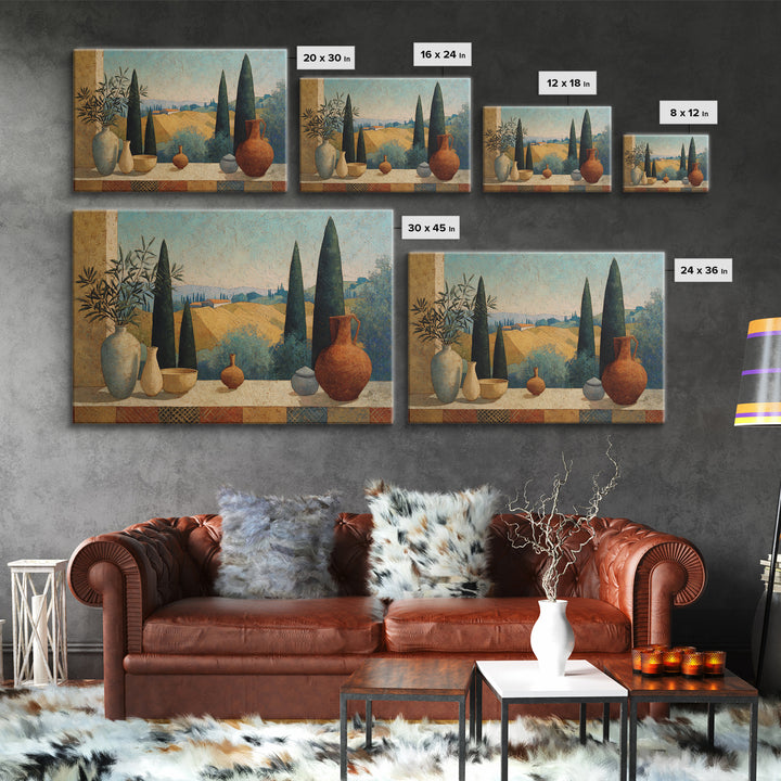 Tuscan Cypress Trees and Golden Hillside Framed Canvas Print, Mediterranean Art, Framed Wall Art, Living Room Decor, Azure, MAR-3x2-10