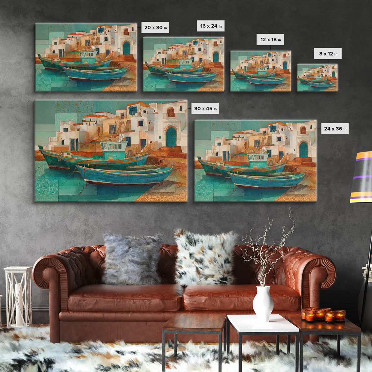 Coastal Fishing Boats Canvas Print, Mediterranean Art, Farmhouse Decor, Living Room Decor, Fine Art, Azure, Landscape Painting, MAR-3x2-11