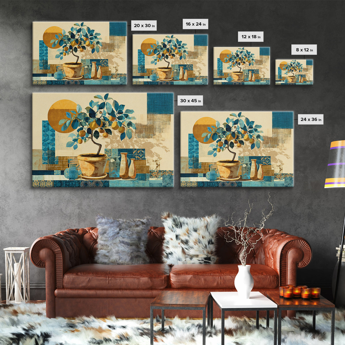 Citrus Tree in Clay Pot Framed Canvas Print, Mediterranean Art, Printable Wall Art, Living Room Decor, Fine Art, Azure, MAR-3x2-14
