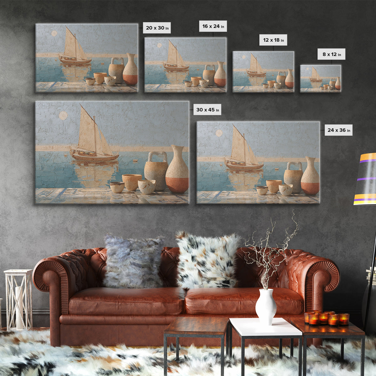 Mediterranean Sailboat on Glassy Water Canvas Print, Mediterranean Art, Oil Painting, Living Room Decor, Azure, Nautical Decor, MAR-3x2-22