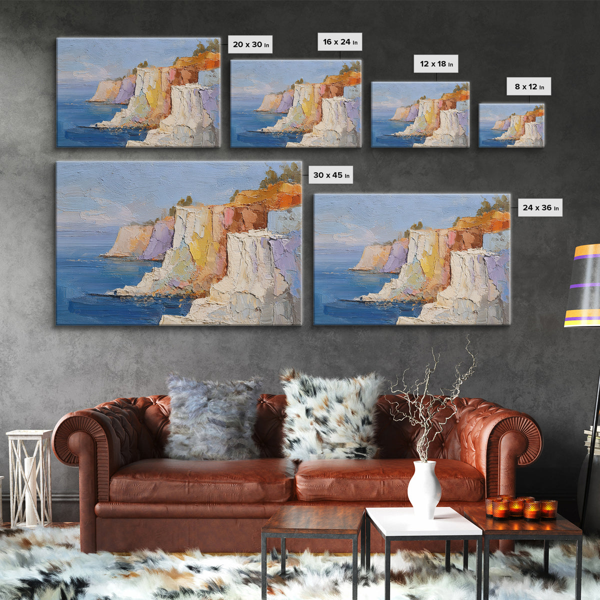 Coastal Cliffs with Sparkling Blue Water Framed Canvas Print, Mediterranean Art, Framed Wall Art, Living Room Decor, Azure, MAR-3x2-24