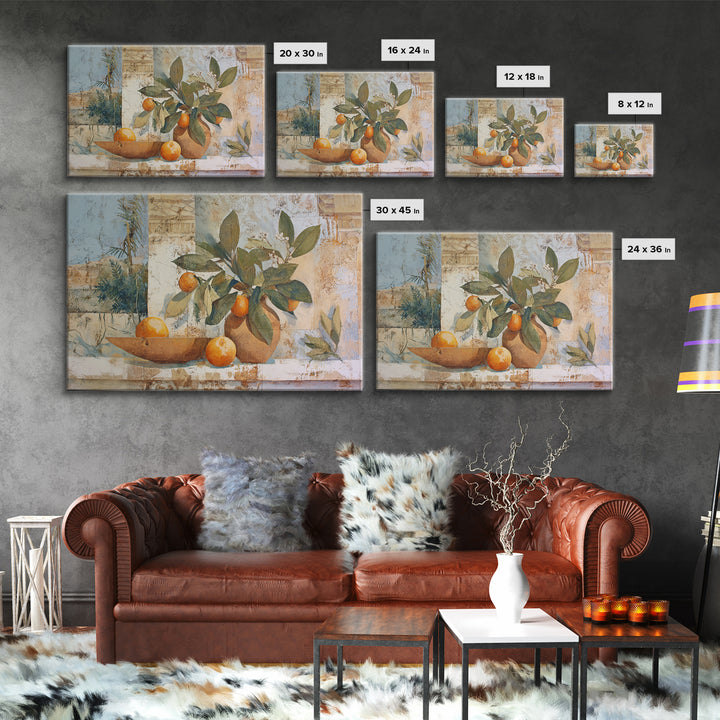 Ceramic Bowl of Oranges and Leaves Framed Canvas Print, Mediterranean Art, Horizontal Wall Art, Living Room Decor, Abstract Art, MAR-3x2-25