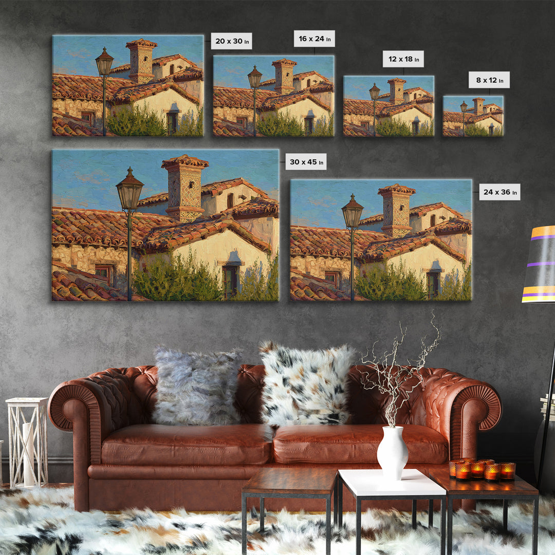 Sunset over Red Tiled Rooftops Framed Canvas Print, Mediterranean Art, Printable Art, Living Room Decor, Fine Art, Azure, MAR-3x2-27