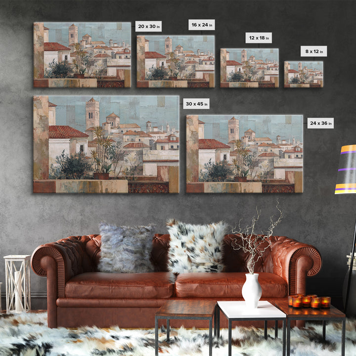 Sunset over Red Tiled Rooftops Canvas Print, Mediterranean Art, Original Painting, Living Room Decor, Fine Art, Azure, MAR-3x2-3
