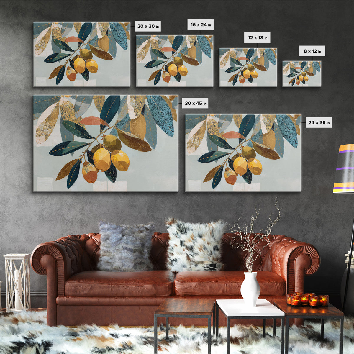 Olive Branch and Lemons on Terracotta Ground Canvas Print, Mediterranean Art, Horizontal Wall Art, Living Room Decor, Azure, MAR-3x2-30