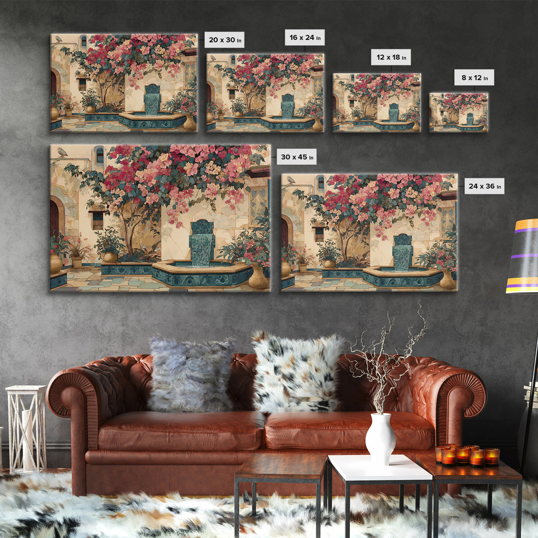 Bougainvillea Cascading over Stone Wall Canvas Print, Mediterranean Art, Watercolor Painting, Living Room Decor, Azure, MAR-3x2-33