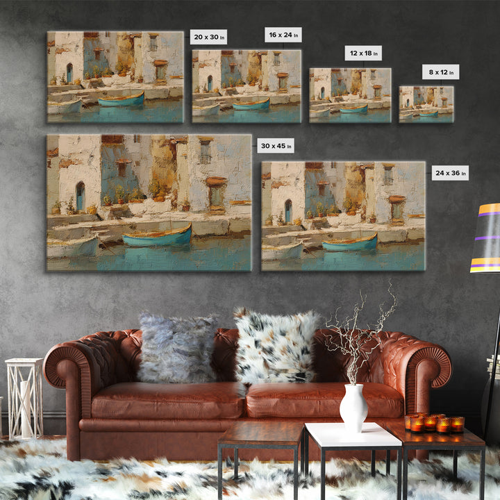 Coastal Fishing Boats Framed Canvas Print, Mediterranean Art, Nautical Decor, Living Room Decor, Azure, Coastal Wall Decor, MAR-3x2-35
