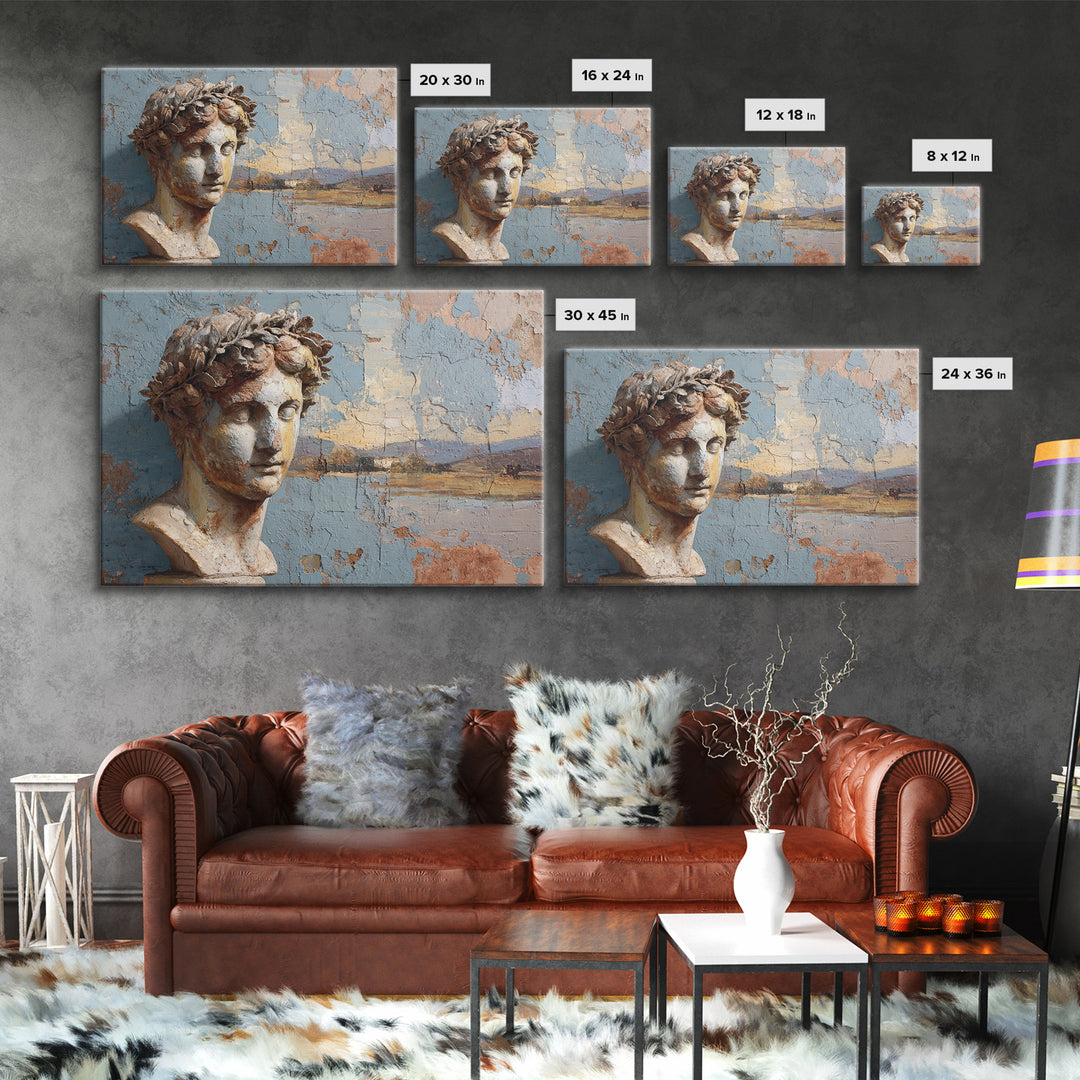 Roman Statue Bust Framed Canvas Print, Mediterranean Art, Farmhouse Decor, Living Room Decor, Oil Painting, Azure, MAR-3x2-50