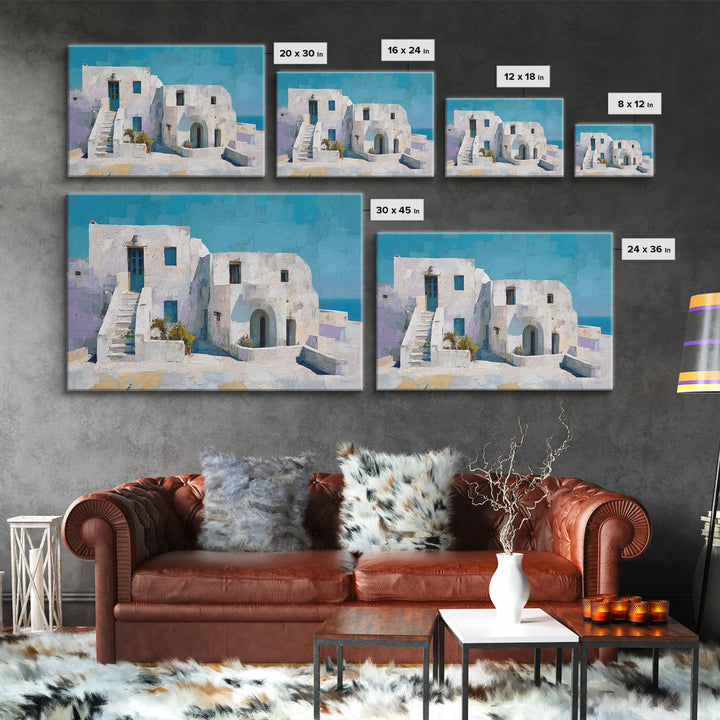 Greek Island White Buildings Above Blue Sea Canvas Print, Mediterranean Art, Digital Art Prints, Living Room Decor, Azure, MAR-3x2-53