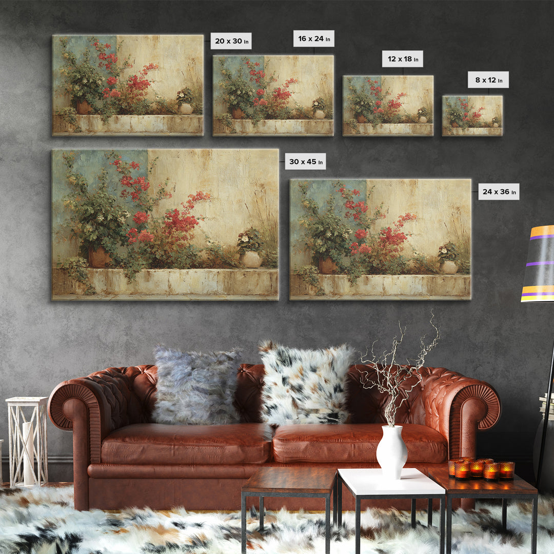 Bougainvillea Cascading over Stone Wall Canvas Print, Mediterranean Art, Watercolor Painting, Living Room Decor, Azure, MAR-3x2-57