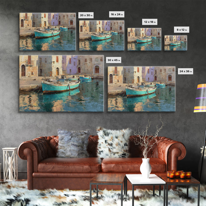 Coastal Fishing Boats Framed Canvas Print, Mediterranean Art, Beach Prints, Living Room Decor, Oil Painting, Azure, Art Print, MAR-3x2-59