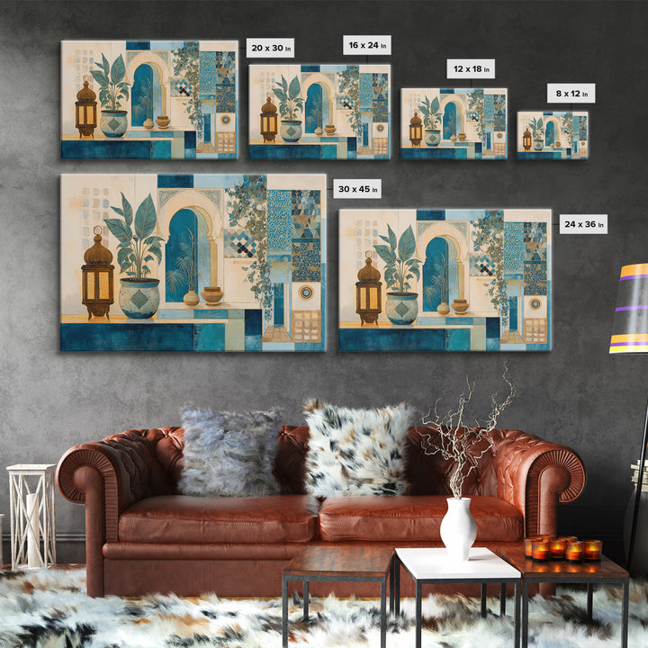 Moroccan Influenced Lantern Canvas Print, Mediterranean Art, Modern Wall Art, Living Room Decor, Oil Painting, Azure, MAR-3x2-61