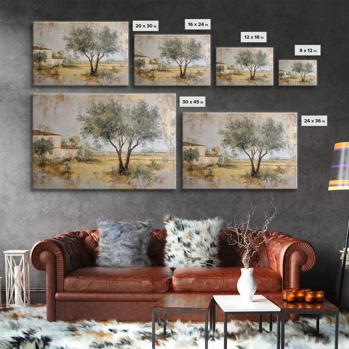 Olive Grove under Pale Morning Light Framed Canvas Print, Mediterranean Art, Nautical Decor, Living Room Decor, Fine Art, Azure, MAR-3x2-69