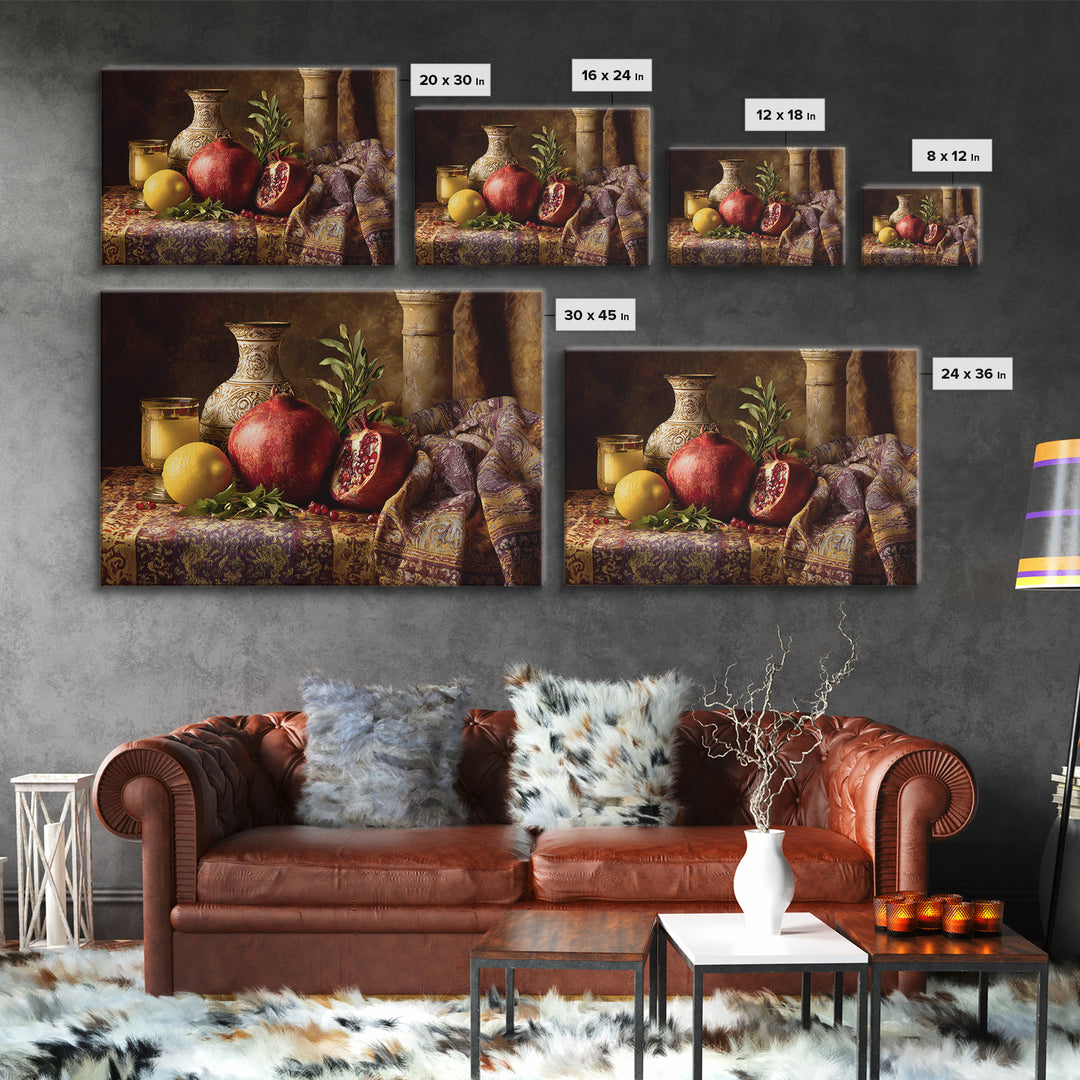 Pomegranate Still Life Framed Canvas Print, Mediterranean Art, Digital Print, Living Room Decor, Watercolor Art, Azure, MAR-3x2-71