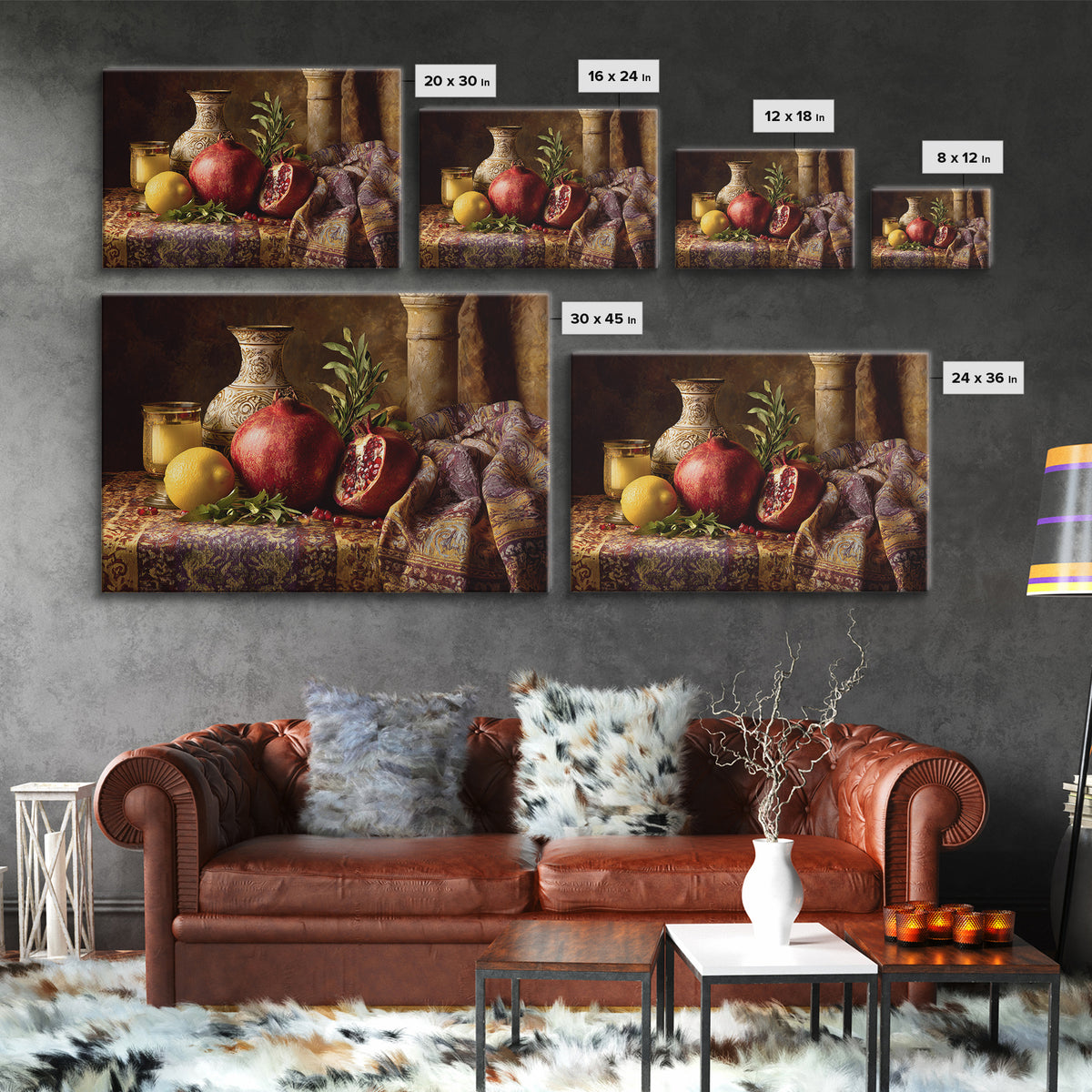 Pomegranate Still Life Framed Canvas Print, Mediterranean Art, Digital Print, Living Room Decor, Watercolor Art, Azure, MAR-3x2-71