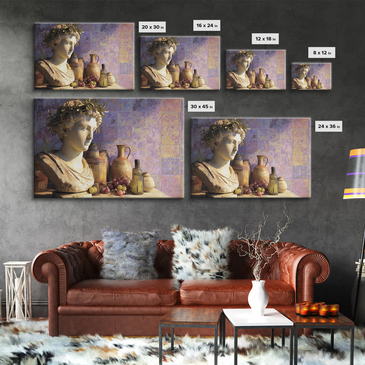Roman Statue Bust Framed Canvas Print, Mediterranean Art, Farmhouse Decor, Living Room Decor, Oil Painting, Azure, MAR-3x2-74