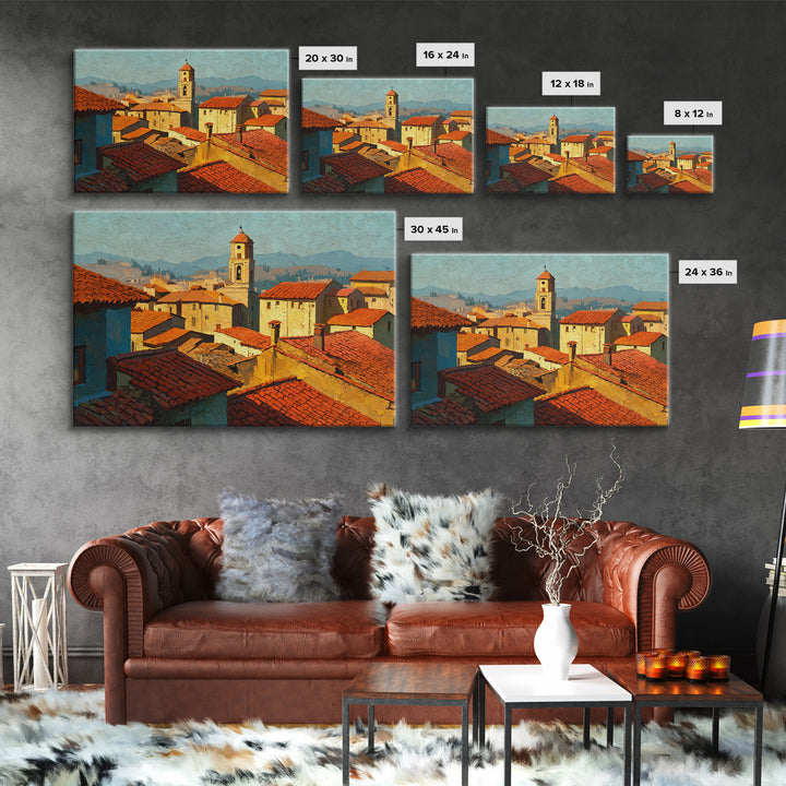 Sunset over Red Tiled Rooftops Canvas Print, Mediterranean Art, Landscape Wall Art, Living Room Decor, Fine Art, Azure, MAR-3x2-75