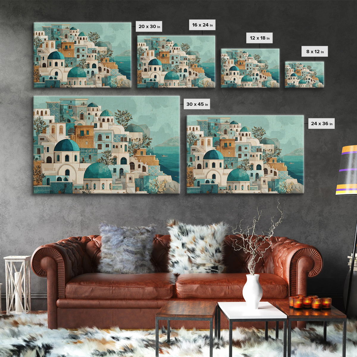 Greek Island White Buildings Above Blue Sea Framed Canvas Print, Mediterranean Art, Coastal Art, Living Room Decor, Azure, MAR-3x2-77