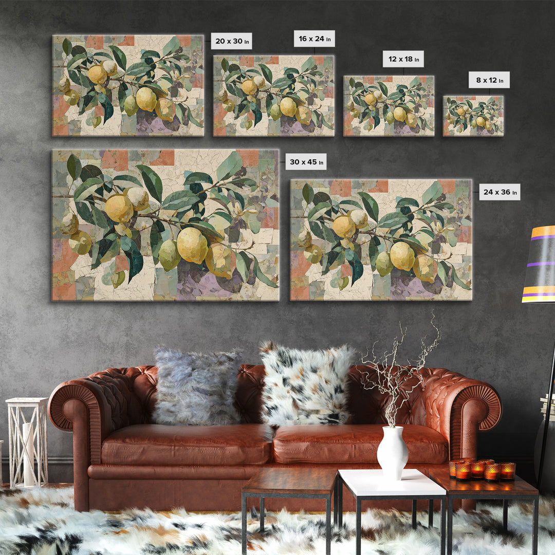 Olive Branch and Lemons on Terracotta Ground Canvas Print, Mediterranean Art, Coastal Wall Art, Living Room Decor, Azure, MAR-3x2-78