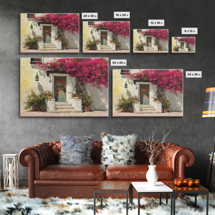Bougainvillea Cascading over Stone Wall Framed Canvas Print, Mediterranean Art, Watercolor Art, Living Room Decor, Azure, MAR-3x2-81