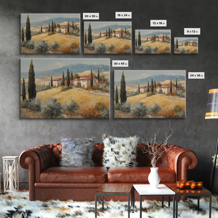 Tuscan Cypress Trees and Golden Hillside Canvas Print, Mediterranean Art, Digital Art Prints, Living Room Decor, Azure, MAR-3x2-82