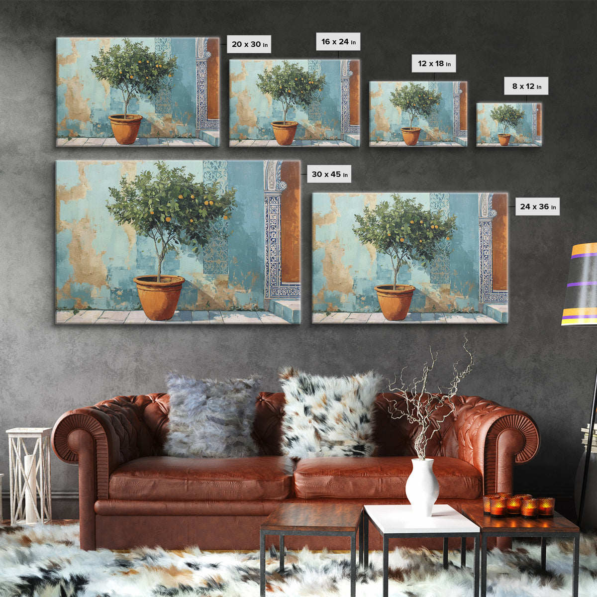 Citrus Tree in Clay Pot Framed Canvas Print, Mediterranean Art, Watercolor Painting, Living Room Decor, Fine Art, Azure, MAR-3x2-86