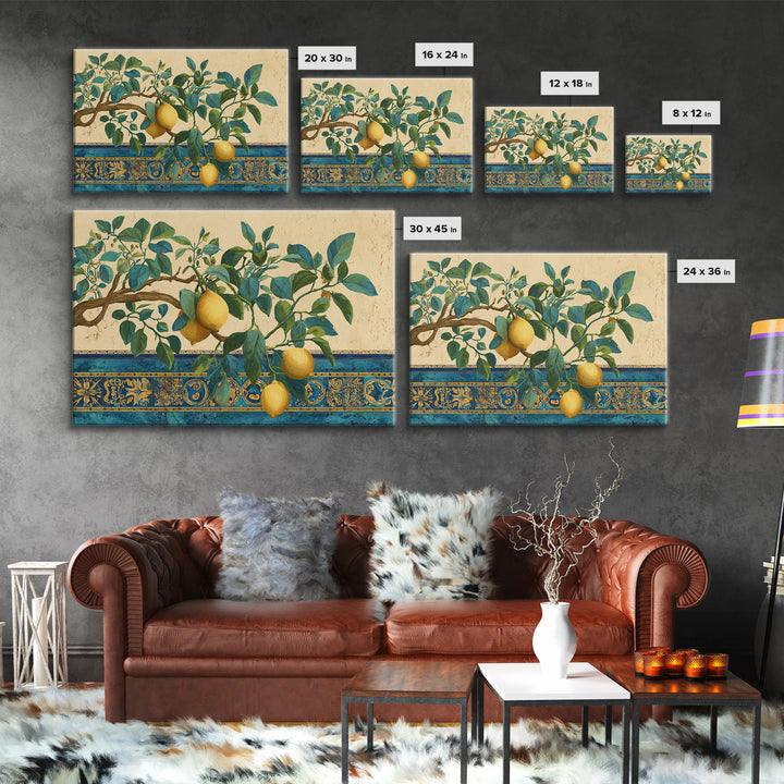 Sicilian Lemon Branch on Ivory Background Canvas Print, Mediterranean Art, Minimalist Wall Art, Living Room Decor, Azure, MAR-3x2-89