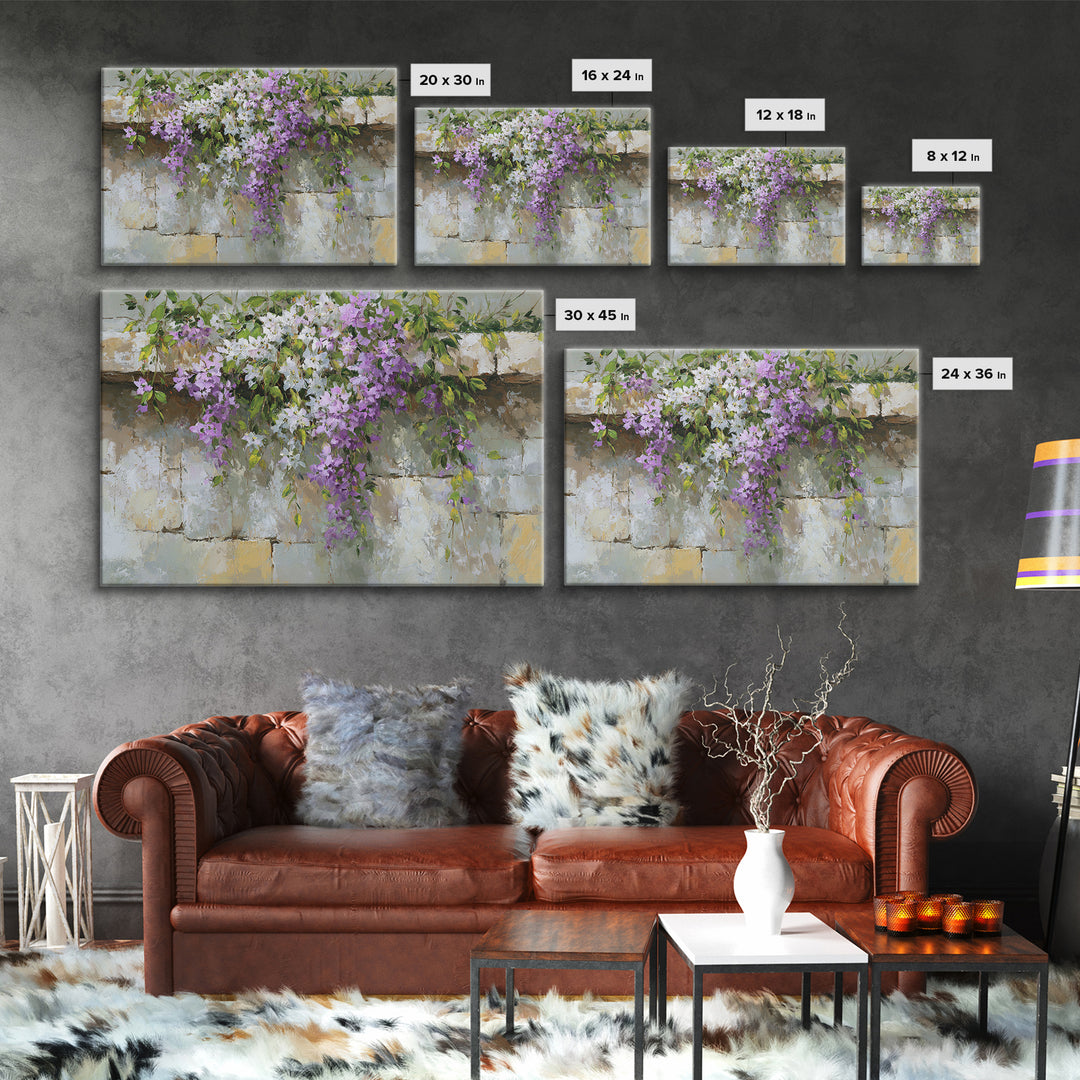 Bougainvillea Cascading over Stone Wall Framed Canvas Print, Mediterranean Art, Digital Print, Living Room Decor, Azure, MAR-3x2-9