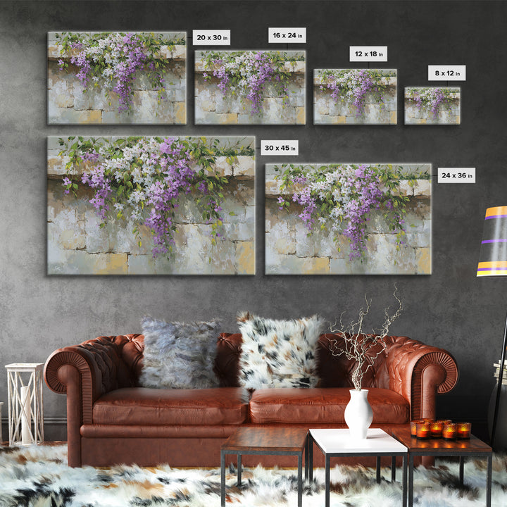 Bougainvillea Cascading over Stone Wall Framed Canvas Print, Mediterranean Art, Digital Print, Living Room Decor, Azure, MAR-3x2-9