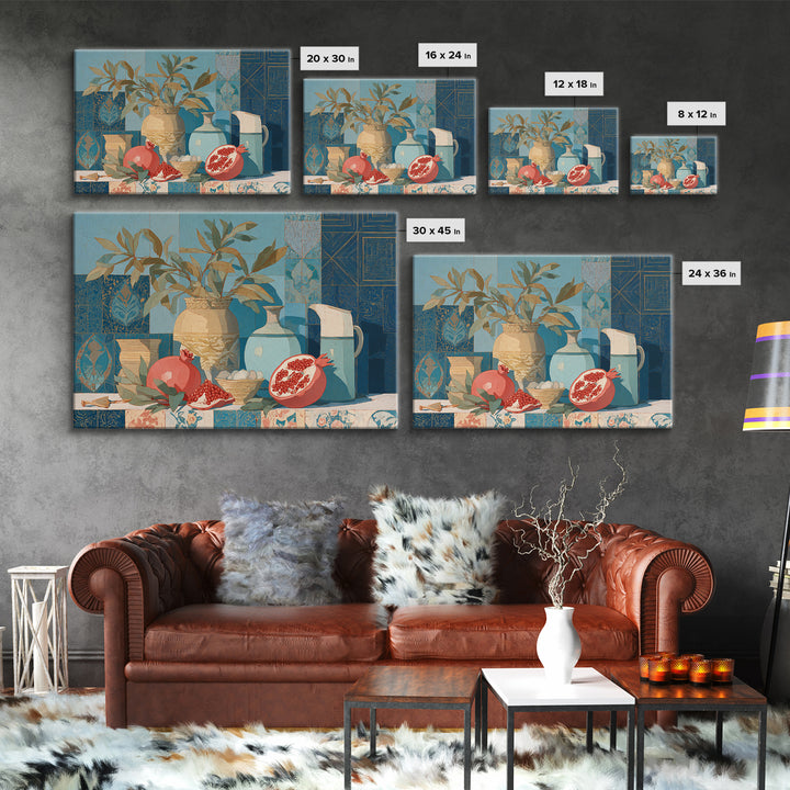 Pomegranate Still Life Framed Canvas Print, Mediterranean Art, Travel Poster, Living Room Decor, Fine Art, Azure, MAR-3x2-95