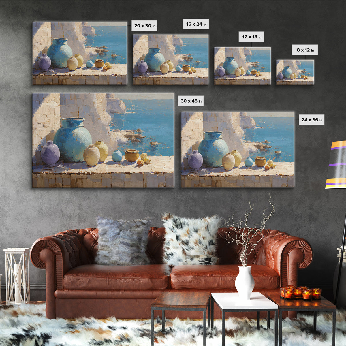 Coastal Cliffs with Sparkling Blue Water Framed Canvas Print, Mediterranean Art, Living Room Art, Living Room Decor, Azure, MAR-3x2-96
