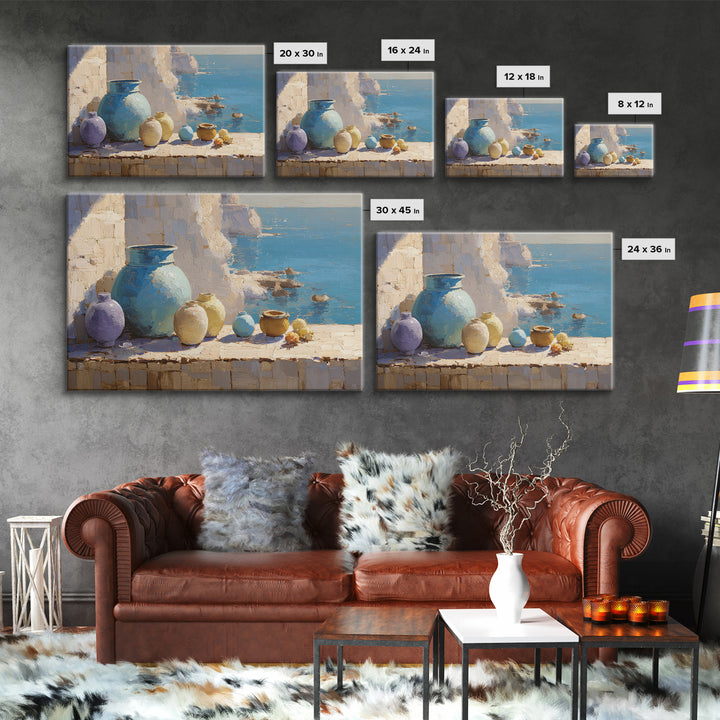 Coastal Cliffs with Sparkling Blue Water Framed Canvas Print, Mediterranean Art, Living Room Art, Living Room Decor, Azure, MAR-3x2-96