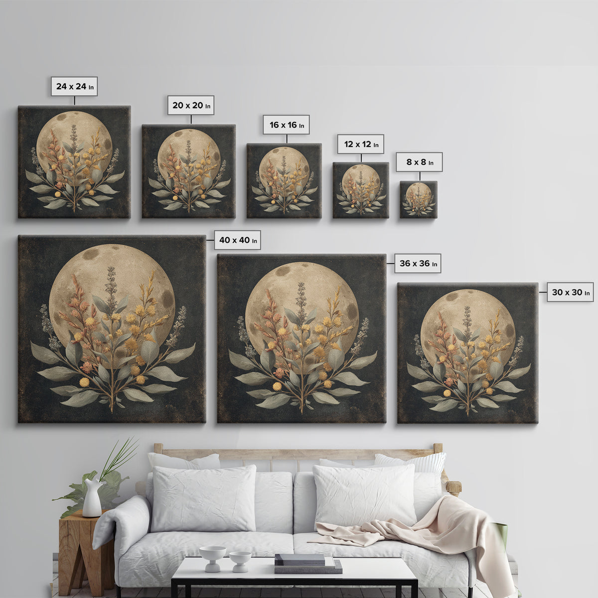 Dreamy Celestial Moon and Botanical Composition Canvas Print, Master Bedroom, Bedroom Wall Decor, Bedroom Decor, Sanctuary, MAS-1x1-11