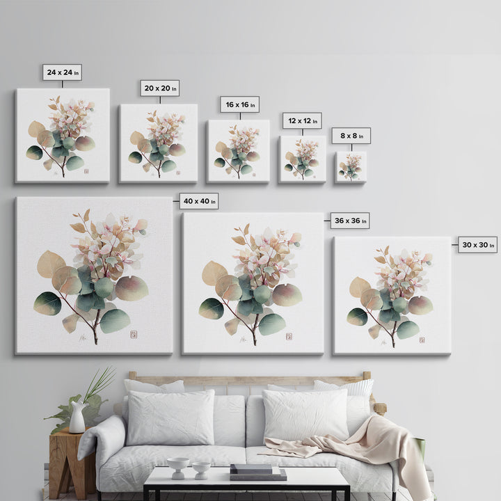 Gentle Eucalyptus Watercolor Branches Framed Canvas Print, Master Bedroom, Art Print, Bedroom Decor, Oil Painting, Sanctuary, MAS-1x1-12